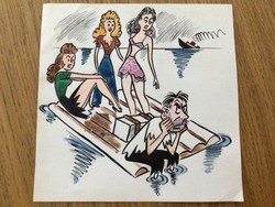 Várnai György eredeti karikatúra rajza a Szabad Száj c. lapnak  "A hajótörött",  16,5 x 16,5 cm