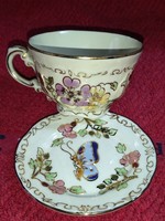 Gyönyörű Zsolnay pillangós virágos kávés pohár alátéttel soha nem használt