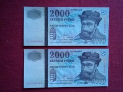 Unc 2000 HUF paper money with a pair of consecutive numbers, unfolded banknote in beautiful condition 2013