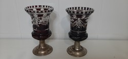 Crystal vase, silver base, pair