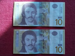 10 Serbian dinar duo paper money banknote in beautiful condition consecutive number