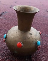 Thick Indian copper vase with semi-precious stones