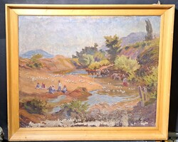 Peasant life picture, old signed oil on canvas, to be restored - geese, cows, horses