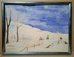 Vidám téli jelenet gyerekekkel (akvarell ezüst keretben) hóember, szánkózás