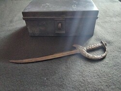 Old small strap military tin box and bronze paper cutting sword for sale together
