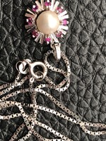 14K white gold necklace, genuine rubies and pearls