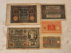 1920 stamp row: 1, 2, 10, 50 100 (unc-f+) – German Weimar Republic | 5 banknotes