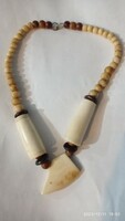 Old unisex necklace with special shaped bone eyes, oriental style jewelry