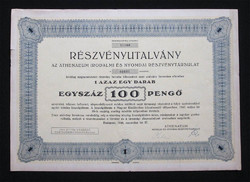 Athenaeum Irodalmi és Nyomdai Részvénytársulat részvényutalvány 100 pengő 1946