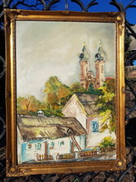 Erdős László: Balaton, Tihanyi Apátság, olaj, farost, 50x70cm, tájkép, antik aranyos képkeret.