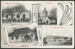 Porládony (Tompaládony), Pollák Károly kereskedése - Postahivatal - Harang torony - Ev. iskola 1909