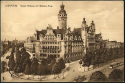 City transport in Leipzig, Germany, the town hall and the tram in front of it