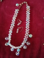 Old Czech aurora boreal iridescent / lustrous crystal necklace + crystal earrings