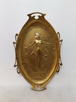 Antique art nouveau art nouveau gold painted pewter tray girl flower motif 459 8243