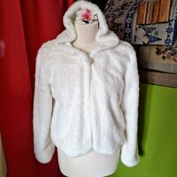 Approx. L off-white bridal fur bolero, casual jacket with hood and rhinestone buttons