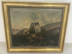 Antik osztrák festmény tájkép vár kép erdő