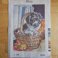 Unstitched tapestry 30x40cm - puppy in a basket