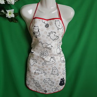 New, custom-made cat print cotton kitchen apron with red border