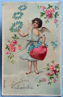 Antique embossed greeting card - angel face, heart, forget-me-not