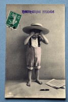 Antique New Year greeting photo postcard - little boy in a hat