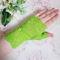 New, custom-made, one-finger apple green lace gloves