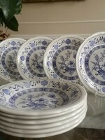 Vintage kék-fehér 6 személyes készlet, hagymamintás, lapos és mély tányérok, kraklés
