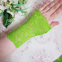 New, custom-made, fingerless apple green lace gloves
