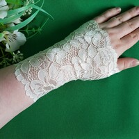 New, custom-made, sleeveless ecru colored lace gloves