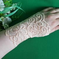 New, custom-made, sleeveless peach-colored lace gloves