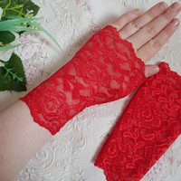 New, custom-made, sleeveless red lace gloves