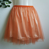 New, custom-made orange, shiny tulle skirt, midi skirt