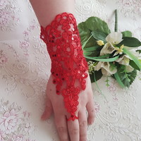 New red wedding lace gloves with rhinestones and sequins that can be hung on the finger