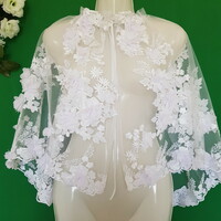 Új, Egyedi készítésű 3D virágos, csipkés, hímzett hófehér menyasszonyi pelerin, rövid palást