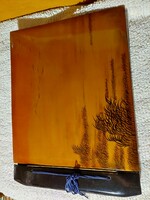 Retró, nagyon régi intarziás fényképalbum, fából, fényes lakkozott
