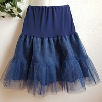 New Custom Made Hip Flare 4 Layer Ruched Navy Blue Midi Petticoat For Rockabilly Dress