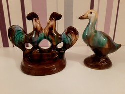 Hungarian ceramic rooster, ashtray, ring holder and goose or duck (2 pieces)