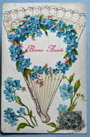 Antique embossed glittery New Year greeting card - fan motif, forget-me-not