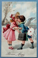 Antique embossed New Year greeting card - little girl, angelic postman, winter landscape from 1906
