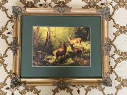 Hunting scene - print in an antique blonde frame - deer in the forest light