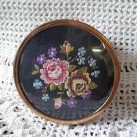 Vintage, copper, needle tapestry embroidered powder holder