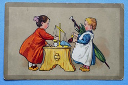 Antique meissner&buch graphic artist postcard - children playing adults 1913