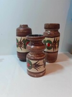 Retro rusztikus német kerámia váza trió barna piros