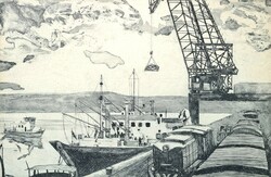 Kondor Lajos: Rakodás a kikötőben, rézkarc - szocreál grafika, 1960-as évek - hajók, munkások