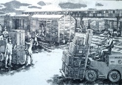 Gábor Gacs: railway mechanical loading, etching - social real graphics, 1960s