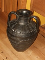 Huge black-glazed kanta ceramic pot with two ears