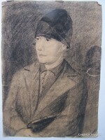 Magyar művész XX. század eleje: Kucsmás fiú papír, szén, 28 x 20 cm. sérült