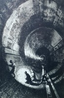 Mária Hertay: subway construction, etching - social realist graphics, 1960s - Mihály Munkácsy award-winning graphic artist