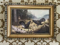 Hunting scene - print in an antique ornate frame - grouse fighting - von wright
