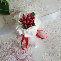 New, custom-made white-red wrist ornament with roses and pearls