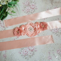 Custom Made Rhinestone Beaded Floral Occasion Belt - Peach Satin Belt